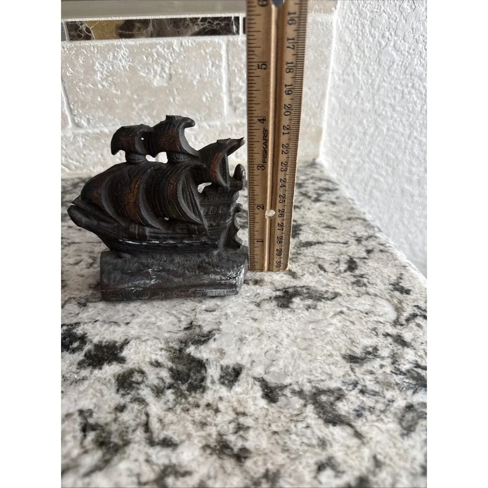 Vintage Cast Iron Sailing Ship Metal Bookends Nautical History